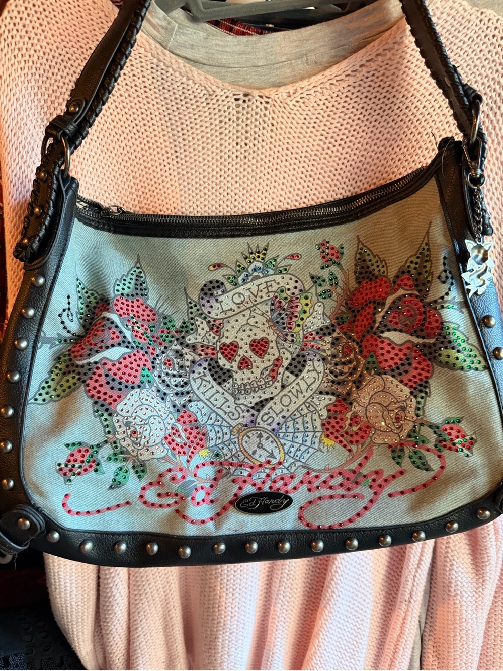 Ed Hardy Beige Canvas Hobo with Black Trim and Multicolor Skull Floral Design